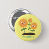 かわいいハッピーヒマワリ笑い漫画イラストレーション 缶バッジ (正面&裏面)