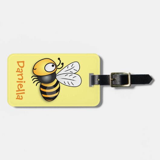 かわいいハッピービー飛んでいるイエローアニメイラストレーション ラゲッジタグ (正面横)