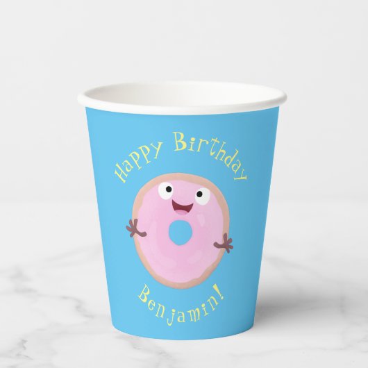 かわいいハッピーピンクのグレーズドナートカートーン 紙コップ (正面)