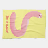 かわいいハッピーピンクのミミズ漫画 キッチンタオル (横)
