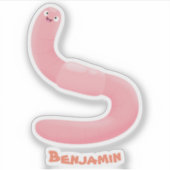 かわいいハッピーピンクのミミズ漫画 シール (正面)