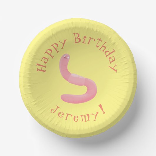 かわいいハッピーピンクのミミズ漫画 ペーパーボウル (正面)