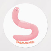 かわいいハッピーピンクのミミズ漫画 ラベル (デザイン2)