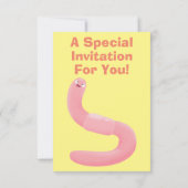 かわいいハッピーピンクのミミズ漫画 招待状 (裏面)