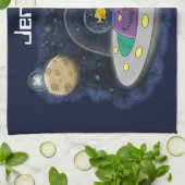 かわいいハッピーフィッシュufo宇宙漫画イラストレーション キッチンタオル (折り畳み)