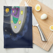 かわいいハッピーフィッシュufo宇宙漫画イラストレーション キッチンタオル (四つ折り)