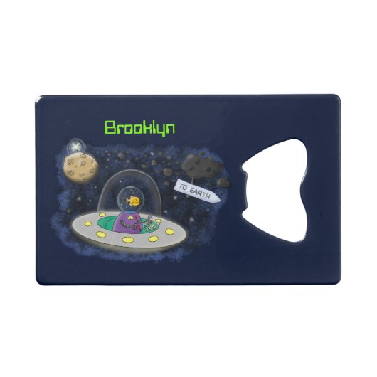 かわいいハッピーフィッシュufo宇宙漫画イラストレーション クレジットカード栓抜き (正面(横))