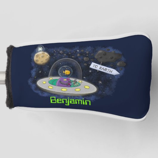 かわいいハッピーフィッシュufo宇宙漫画イラストレーション ゴルフヘッドカバー (正面)