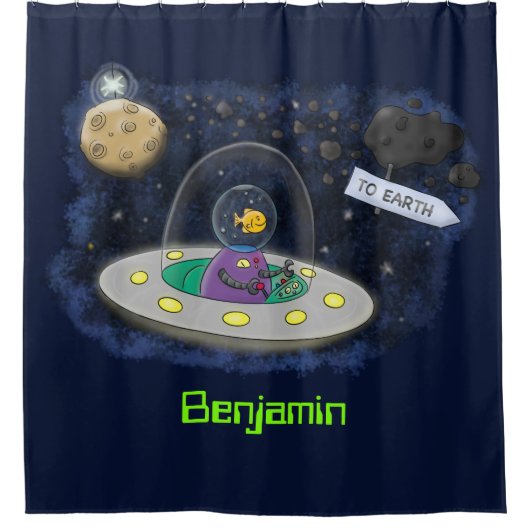 かわいいハッピーフィッシュufo宇宙漫画イラストレーション シャワーカーテン (正面)