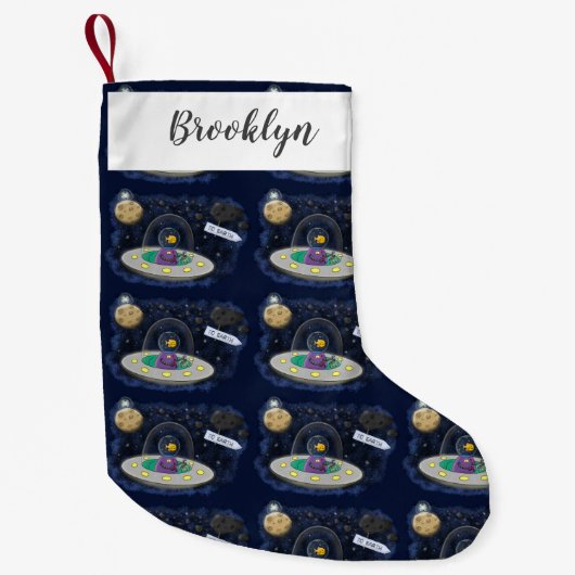 かわいいハッピーフィッシュufo宇宙漫画イラストレーション スモールクリスマスストッキング (正面)