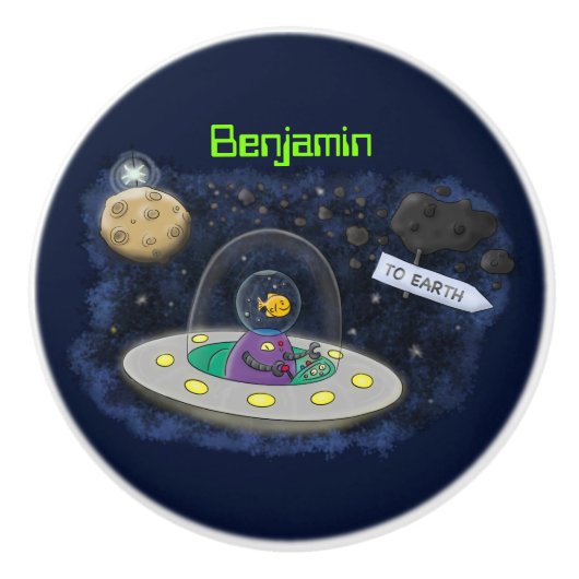 かわいいハッピーフィッシュufo宇宙漫画イラストレーション セラミックノブ (正面)