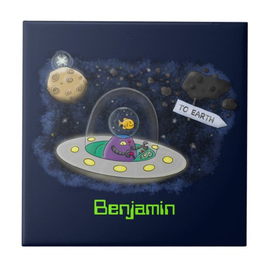 かわいいハッピーフィッシュufo宇宙漫画イラストレーション タイル (正面)