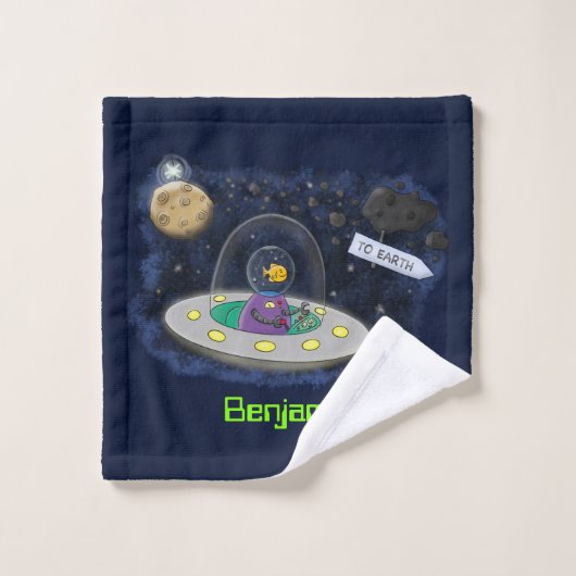 かわいいハッピーフィッシュufo宇宙漫画イラストレーション バスタオルセット (ウォッシュタオル)