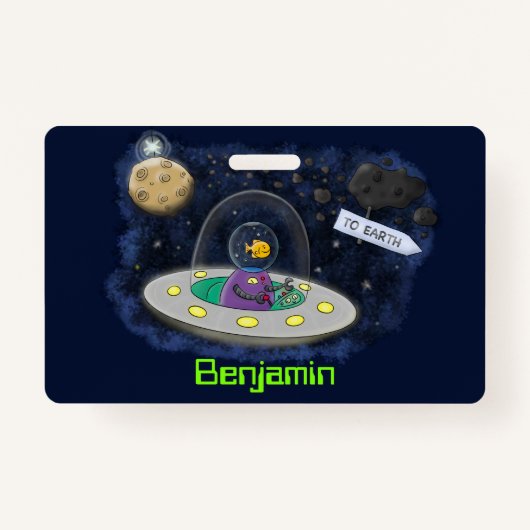 かわいいハッピーフィッシュufo宇宙漫画イラストレーション バッジ (正面)