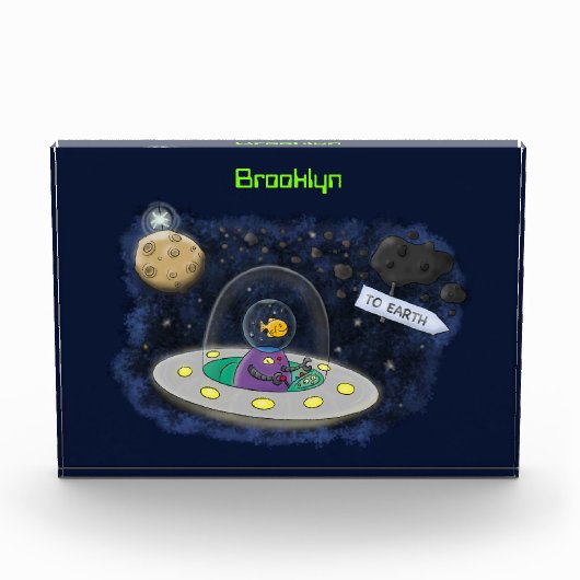 かわいいハッピーフィッシュufo宇宙漫画イラストレーション フォトブロック (正面)