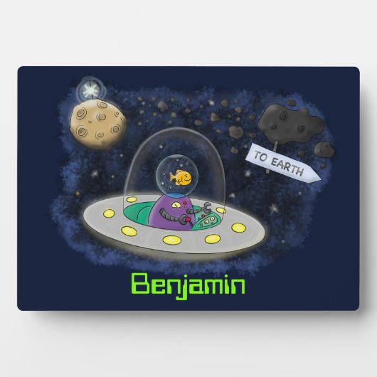 かわいいハッピーフィッシュufo宇宙漫画イラストレーション フォトプラーク (正面)