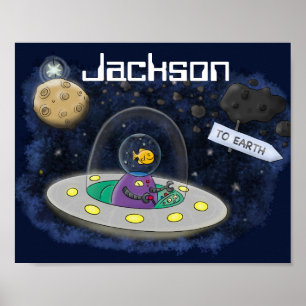 かわいいハッピーフィッシュufo宇宙漫画イラストレーション ポスター