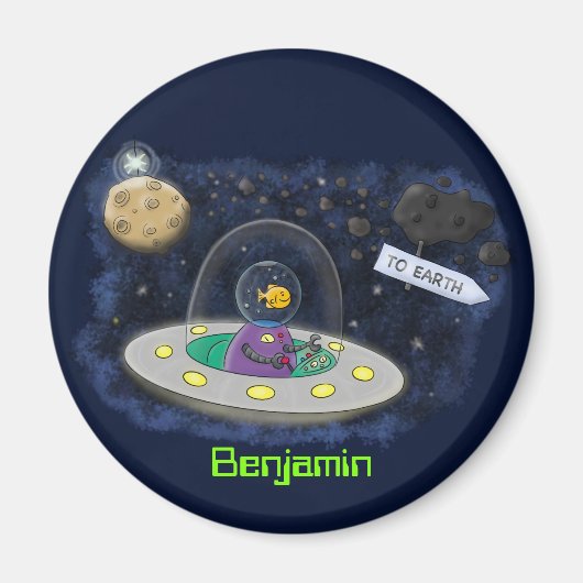 かわいいハッピーフィッシュufo宇宙漫画イラストレーション マグネット (正面)