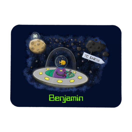 かわいいハッピーフィッシュufo宇宙漫画イラストレーション マグネット (横)