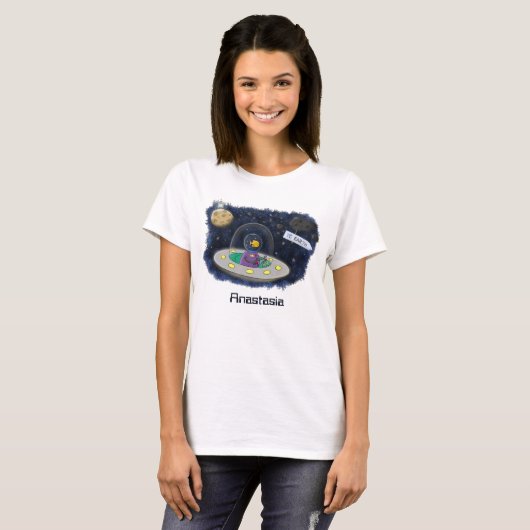 かわいいハッピーフィッシュufo宇宙漫画イラストレーション tシャツ (正面フル)