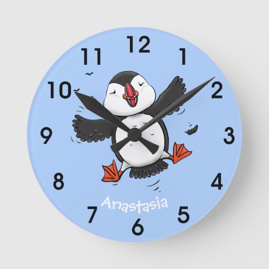 かわいいハッピーフ飛んでいるィンブルーの漫画イラストレーション ラウンド壁時計 (正面)