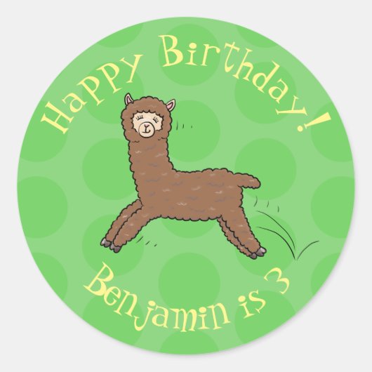 かわいいハッピーブラウンアルパカ漫画 ラウンドシール (正面)