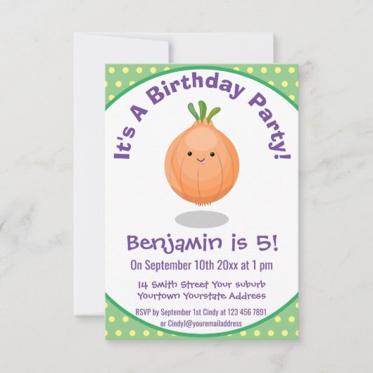 かわいいハッピーブラウンオニオンカートゥーンイラストレーション 招待状 (正面)