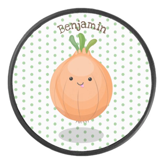 かわいいハッピーブラウンオニオングリーン漫画イラストレーション アイスホッケーパック (正面)