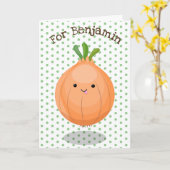 かわいいハッピーブラウンオニオングリーン漫画イラストレーション カード (黄色い花)