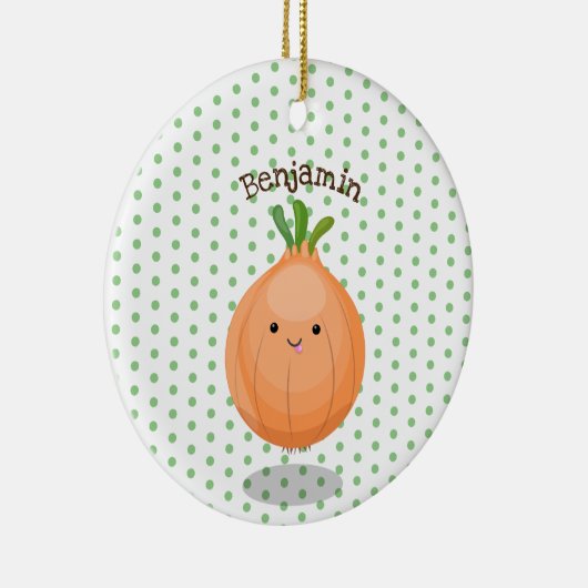 かわいいハッピーブラウンオニオングリーン漫画イラストレーション セラミックオーナメント (右)