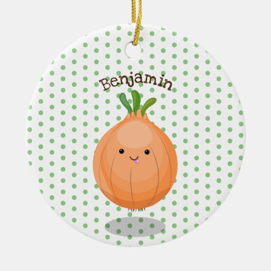 かわいいハッピーブラウンオニオングリーン漫画イラストレーション セラミックオーナメント (正面)