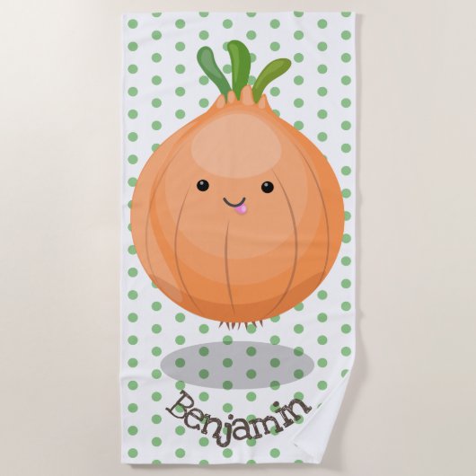 かわいいハッピーブラウンオニオングリーン漫画イラストレーション ビーチタオル (正面)