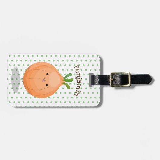 かわいいハッピーブラウンオニオングリーン漫画イラストレーション ラゲッジタグ (正面横)