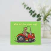 かわいいハッピーブラウン牛のドライビングトラクターアニメ ポストカード (スタンド正面)