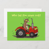 かわいいハッピーブラウン牛のドライビングトラクターアニメ ポストカード (正面/裏面)