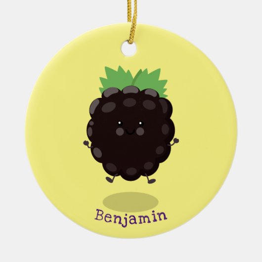 かわいいハッピーブラックベリーパープル漫画イラストレーション セラミックオーナメント (正面)