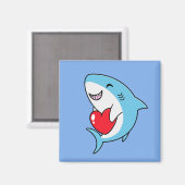 かわいいハッピーブルーシャーク保持赤いハート マグネット (正面/裏面)