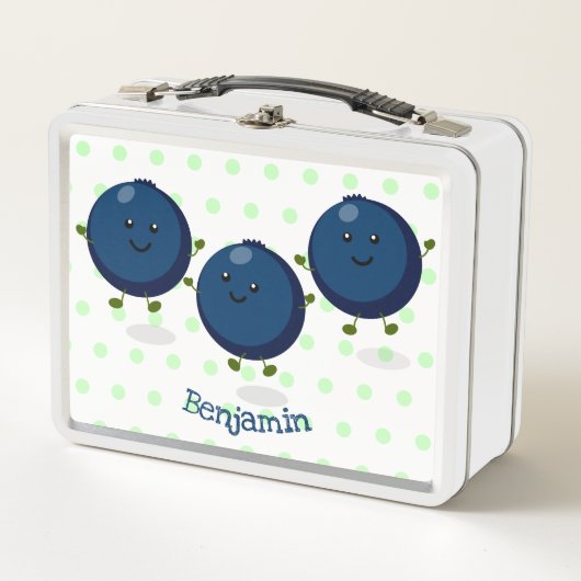 かわいいハッピーブルーベリー紫の漫画イラストレーション メタルランチボックス (正面)