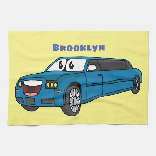かわいいハッピーブルーリムジン漫画の車 キッチンタオル (横)