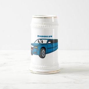 かわいいハッピーブルーリムジン漫画の車 ビールジョッキ