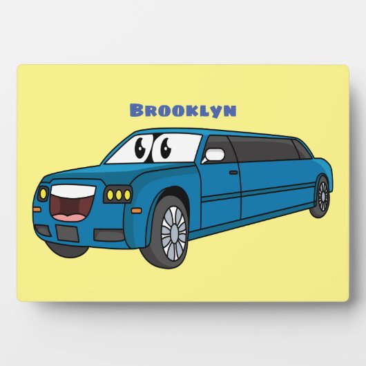 かわいいハッピーブルーリムジン漫画の車 フォトプラーク (正面)