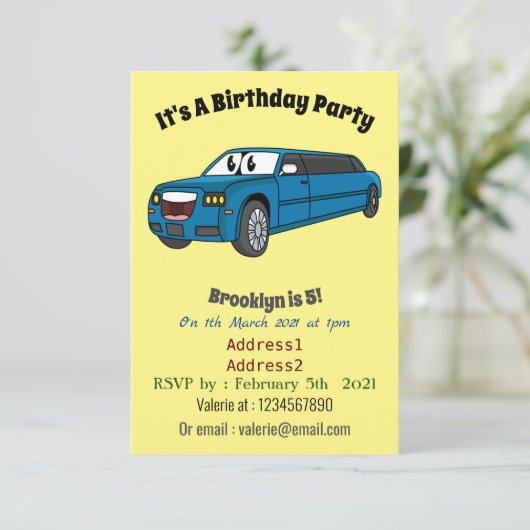 かわいいハッピーブルーリムジン漫画の車 招待状 (スタンド正面)