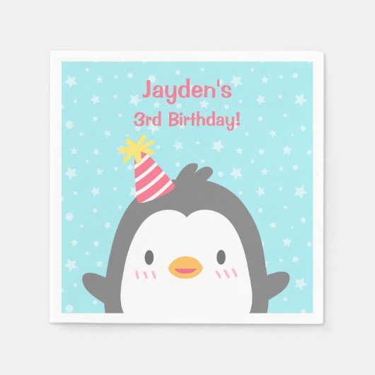 かわいいハッピーペンギン誕生日パーティナプキンス スタンダードカクテルナプキン (正面)