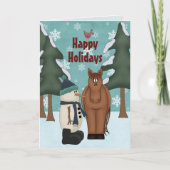 かわいいハッピーホリデーズホースと雪だるまクリスマス シーズンカード (正面)