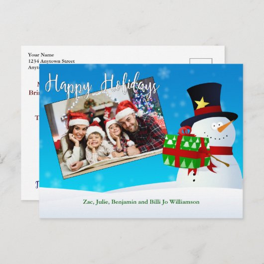 かわいいハッピーホリデー雪だるまとギフトあなたの写真 ポストカード (正面/裏面)