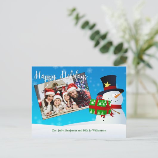 かわいいハッピーホリデー雪だるまとギフトあなたの写真 ポストカード (スタンド正面)