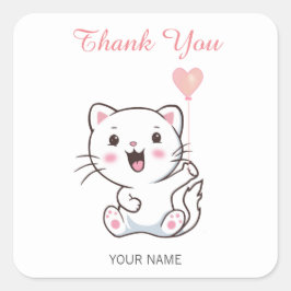 かわいいハッピーホワイトキャットとハートバルーンあり スクエアシール
