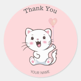 かわいいハッピーホワイトキャットとハートバルーンあり ラウンドシール