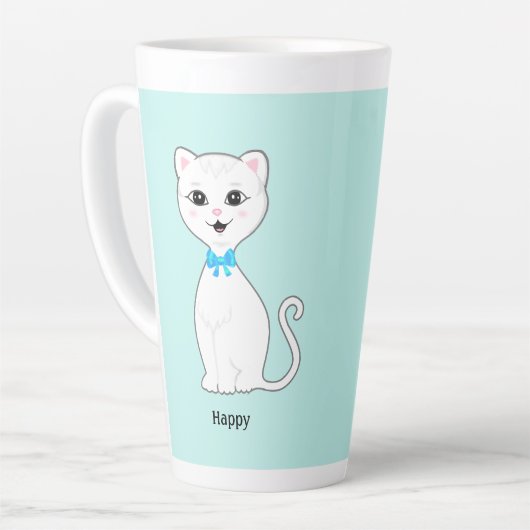 かわいいハッピーホワイトキャットオンライトブルー カフェラテマグ (左アングル)