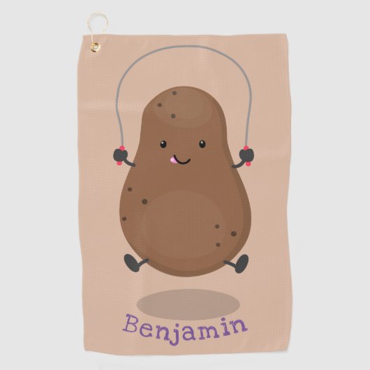 かわいいハッピーポテトジャンプのロープ漫画 ゴルフタオル (正面)